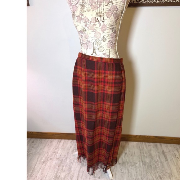 Vintage Plaid Maxi Skirt Red Brown Fringe SZ 8 90s Tweed Fringe Hem Elastic - Picture 8 of 12